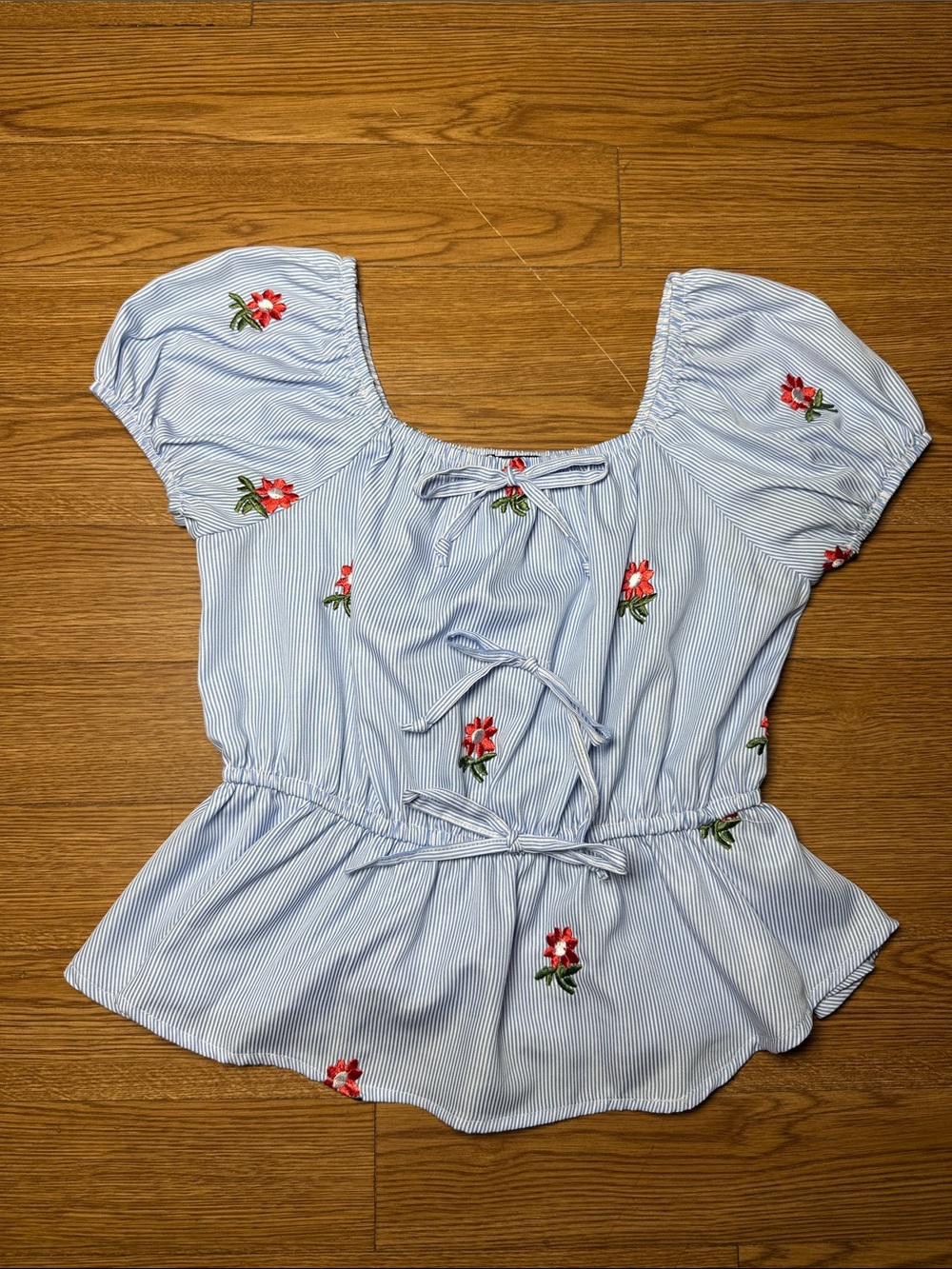 Light Blue Striped Peplum Blouse with Red Floral Embroidery